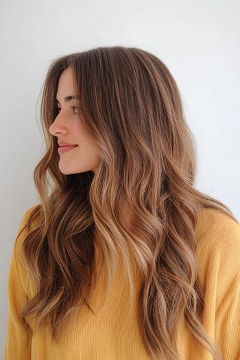 A woman with long, wavy hair featuring a caramel balayage coloring, showcasing a natural blend of warm tones.