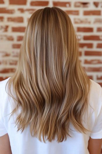 A woman with long, wavy hair featuring a caramel balayage against a brick wall background.