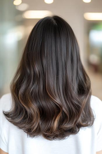 A woman with wavy black hair and subtle, natural-looking brown highlights, styled to flow gently over her shoulders.