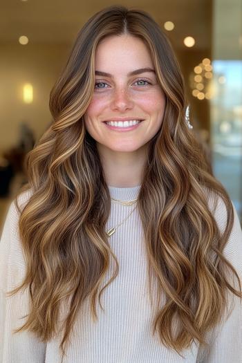 A woman with long, wavy hair featuring a caramel balayage highlighting technique, creating a natural and sun-kissed look.