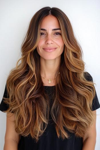 A woman with long, wavy caramel balayage hair, featuring a natural brunette base with warm, blended highlights, is smiling in front of a plain background.