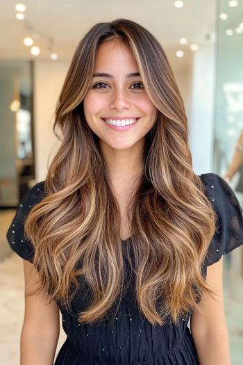 A woman with long, wavy caramel balayage hair, featuring dark roots gradually transitioning to lighter caramel tones.