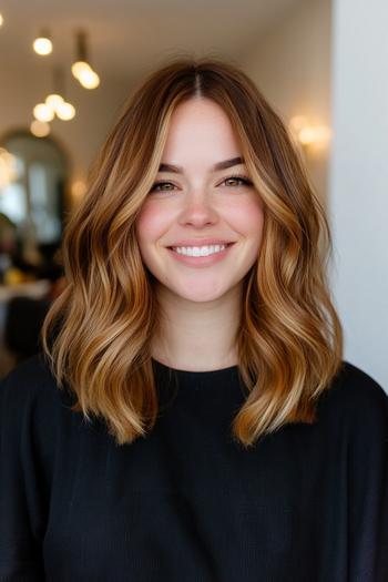 A woman with shoulder-length, wavy golden brown hair featuring soft, natural-looking highlights.