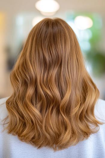 A woman with golden brown, wavy hair is shown from the back, showcasing her softly styled locks against a blurred background.