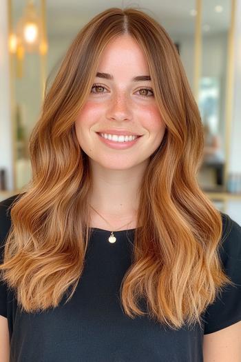 A woman with long, golden brown hair styled in loose waves, wearing a black top and smiling.