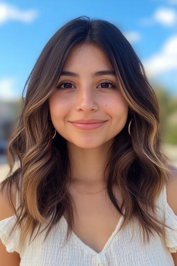 A woman with black hair featuring brown highlights styled in loose waves is smiling outdoors.