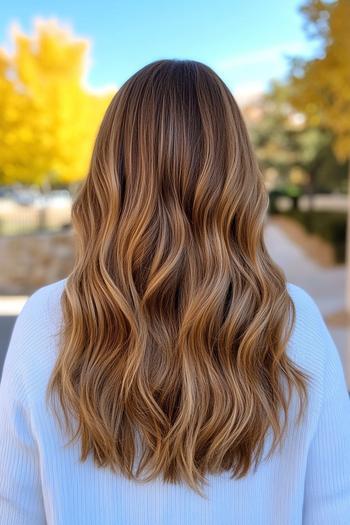 A person with caramel balayage hair, styled in loose, soft waves, standing outdoors.