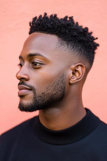 A black man with a neatly trimmed beard sporting a high fade hairstyle with short, tight curls on top against a peach-colored background.