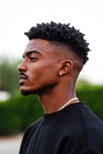 A profile view of a Black man with a high fade haircut and short, textured curls on top.