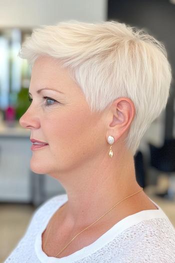 A short, textured pixie cut in a platinum blonde shade, styled for easy maintenance.