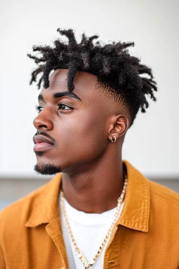 A close-up profile of a man with a stylish textured twist hairstyle and a faded undercut.