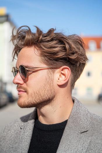 A man with wavy, medium-length hair styled in a textured, tousled look, wearing sunglasses and a coat.