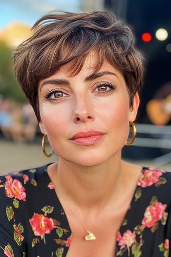 A woman with short, layered hair styled in a chic, tousled pixie cut.