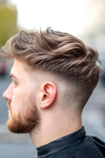 This image shows a man with a medium-length hairstyle featuring a textured, wavy top and a taper fade on the sides.