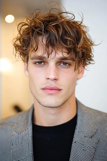 A young man with tousled, medium-length curly hair styled in a casual textured look.