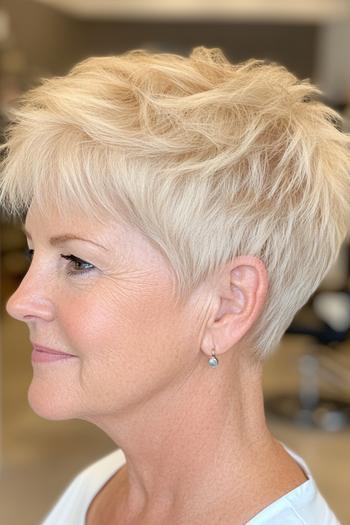 A woman with short, textured, and tousled blonde hair, styled in a wash-and-wear pixie cut that is easy to maintain.