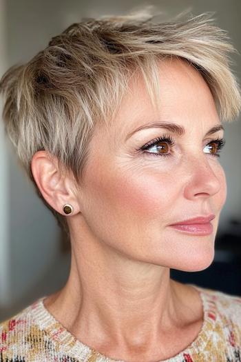 A woman with a stylish, short, blonde pixie cut with textured layers and side-swept bangs.