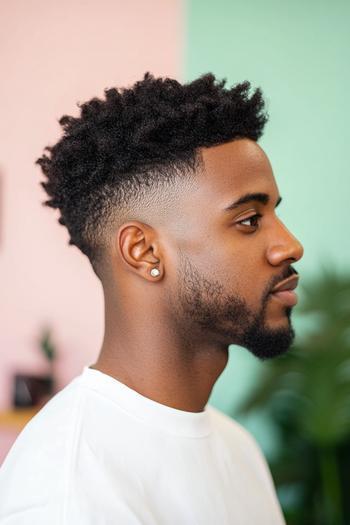 A side profile of a black man with a fade hairstyle featuring short, tapered sides and longer, curly hair on top.