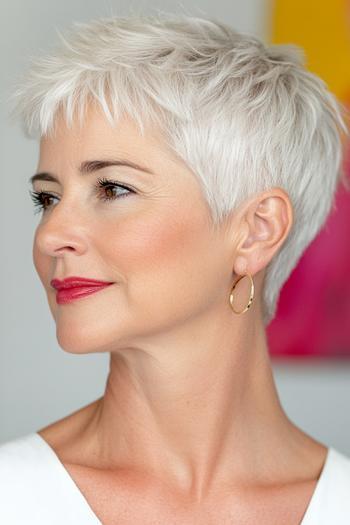 A stylish short pixie haircut with soft layers and a textured fringe, suitable for easy maintenance.