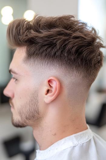 A man with a medium length hairstyle featuring a textured top and a clean low fade on the sides and back.