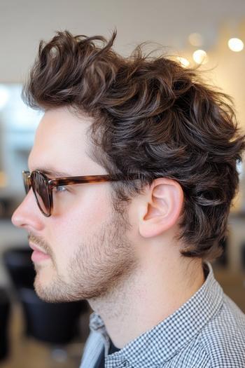 A man with medium-length wavy hair styled in a voluminous, textured quiff, and wearing tortoiseshell glasses.