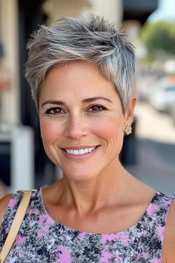 A woman with a textured, short pixie haircut featuring gray hair and highlighted strands, styled in a chic and modern look.