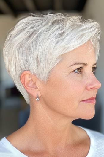 A woman with a chic, short, layered pixie cut featuring silver hair.