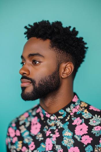 A man with a curly afro hairstyle and a high fade, wearing a floral patterned shirt, is seen in profile against a turquoise background.