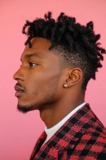 A black man with a fade haircut featuring twisted curls on top, wearing a red and black checkered jacket against a pink background.