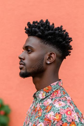 A Black man with a high-top fade hairstyle featuring short, tightly coiled curls on top and a clean, tapered fade on the sides and back.