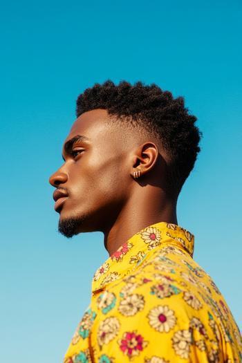 A profile view of a black man wearing a floral shirt and sporting a fade hairstyle, characterized by short, neatly tapered sides and back with longer textured hair on top.