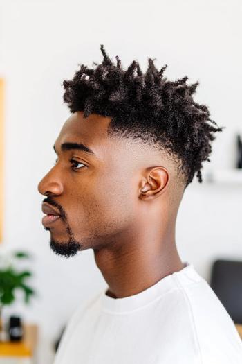 A side profile of a Black man with a high fade hairstyle featuring short, twisted curls on top.