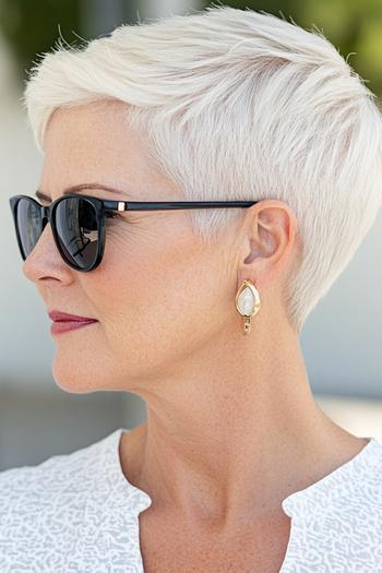 A woman with short, neatly styled, platinum blonde pixie cut hair, wearing sunglasses and a white top.