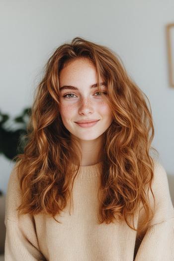 A person with wavy, golden brown hair styled with a natural and voluminous look.