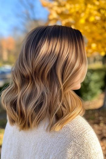 A shoulder-length hairstyle with loose waves and golden brown hair color, blending light and dark tones for a natural sun-kissed look.