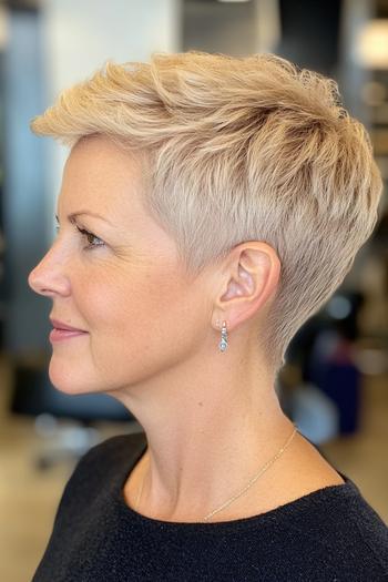 A woman with short, light blonde hair styled in a textured, tapered pixie cut.