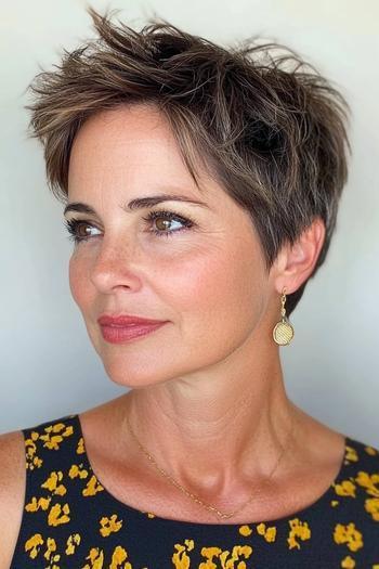 A woman with a textured, pixie haircut that includes short, layered hair with added volume and wispy bangs, suitable for women over 60.