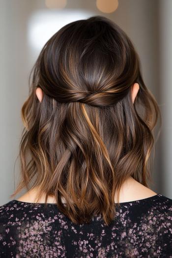 A hairstyle featuring wavy black hair with subtle brown highlights, styled in a half-up twist.