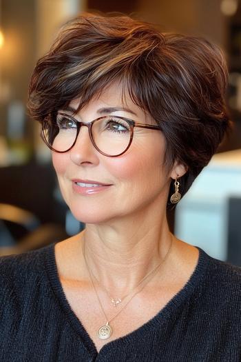 A woman with short, textured brown hair styled in a voluminous, layered pixie cut, wearing glasses and a black top.