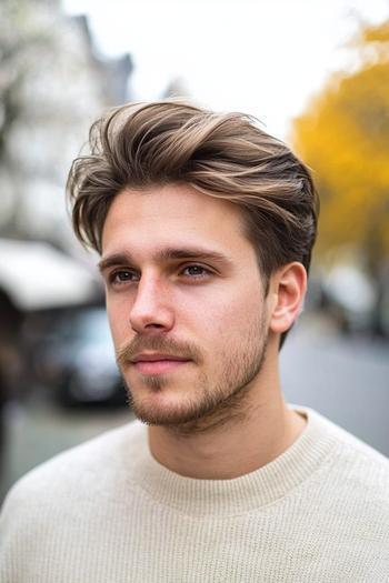 A man with neatly styled, medium-length hair, parted to the side with voluminous waves.