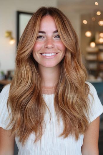 A woman with long, wavy caramel balayage hair, styled in loose waves, wearing a light-colored top and smiling.