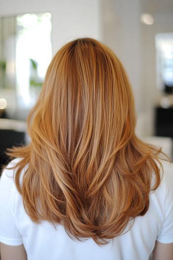 A person with long, layered caramel balayage hair styled in loose waves is shown from the back.