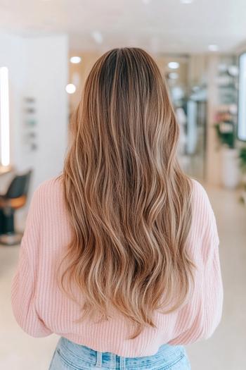 A woman with long, wavy caramel balayage hair is shown from behind, wearing a light pink sweater and blue jeans in a salon setting.