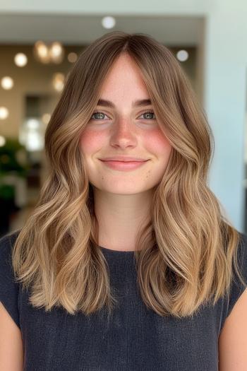 A woman with golden brown, softly wavy hair styled in loose, face-framing layers.