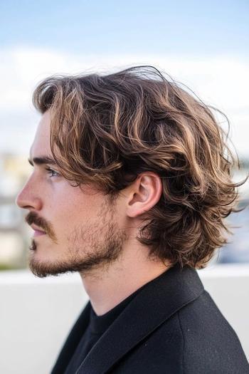 A man with medium-length, wavy hair parted on the side, styled in loose waves, complemented by a full beard.